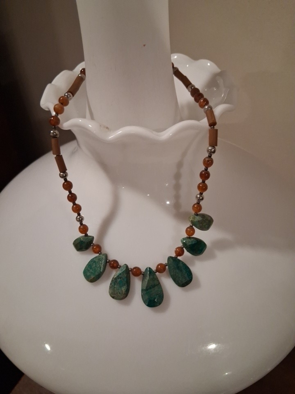 Green Teardrop Stone Necklace with Brown Accent Beads